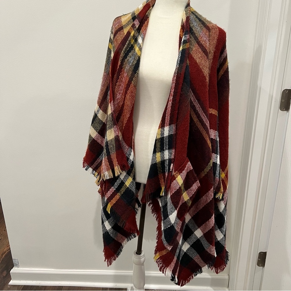 Francesca's Red Plaid Sweater Wrap fringe and pockets one size